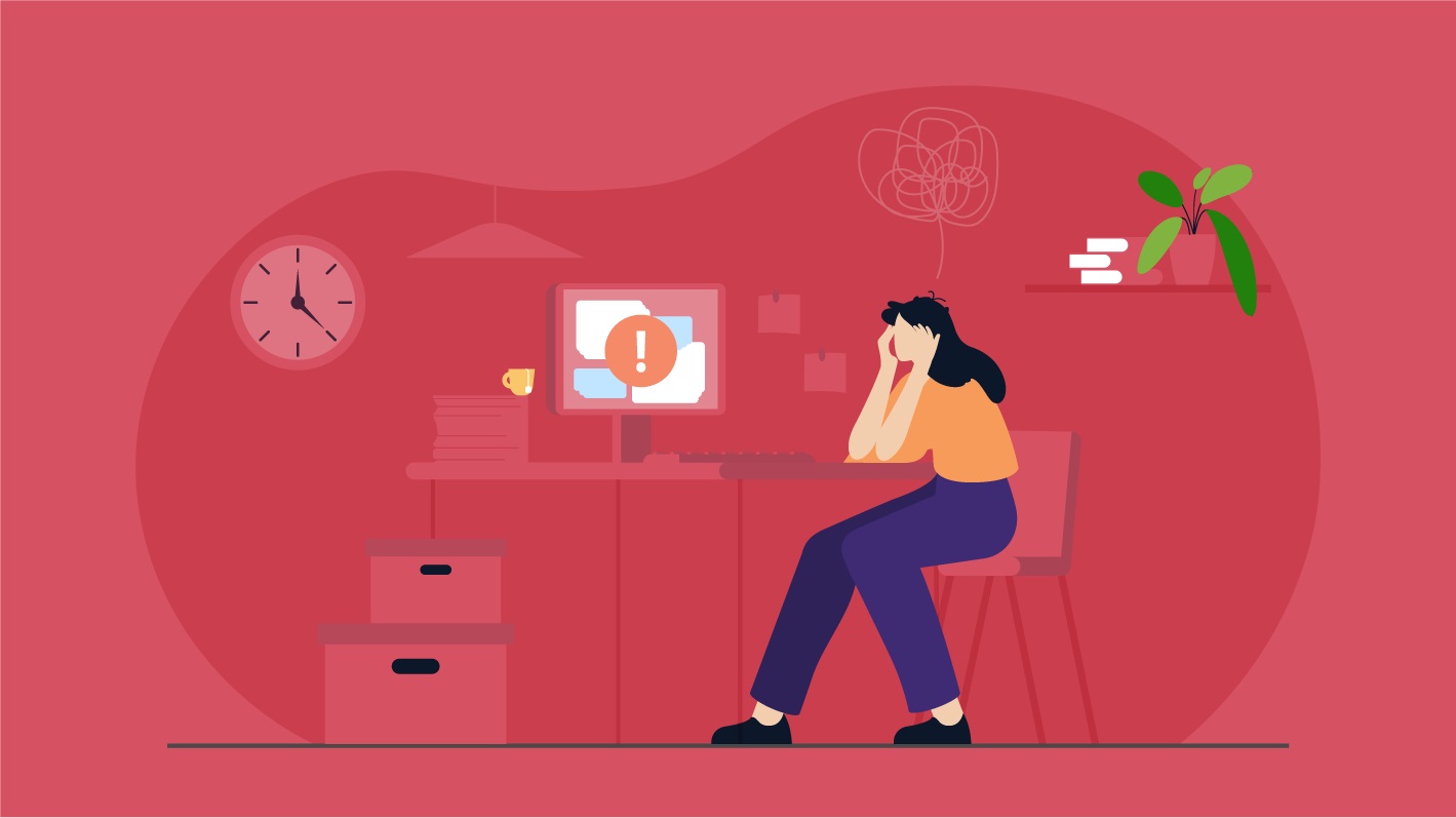 دختری در محل کار نگران روی صندلی نشسته است