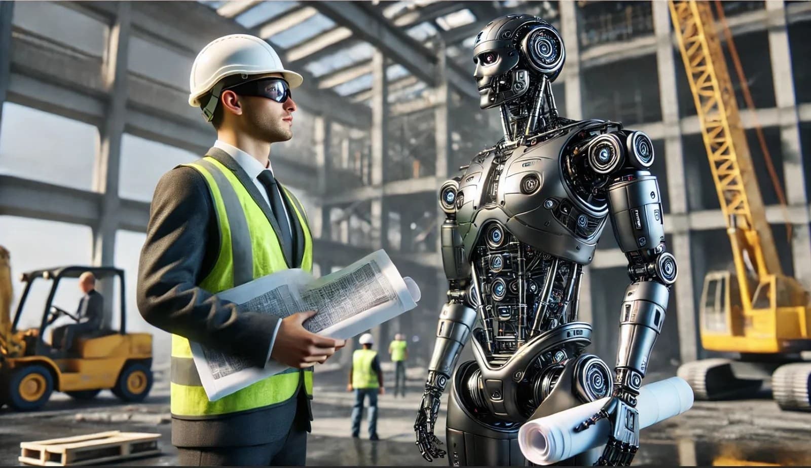 ربات انسان نما هوش مصنوعی در ساختمان در حال ساخت با تعدادی برگه زیر دست و درحال مکالمه با مهندس مرد