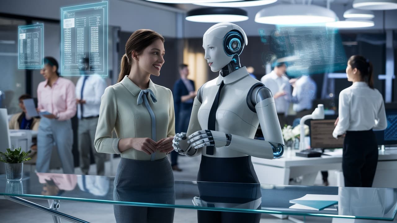 ربات انسان نما هوش منصوعی زنانه در حال مکالمه با همکار خانم در محیط دفتر مدرن