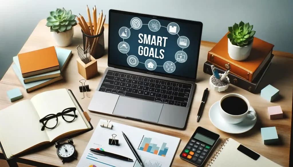 هدف اسمارت به انگلیسی روی صفحه لپ تاپ روی میز کار با گل و خودکار و کاغذر در کنارش