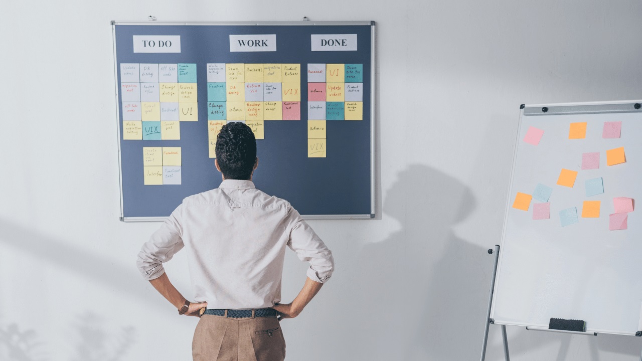 اسکرام مستر در حال مشاهده بورد اسکرام در دفتر